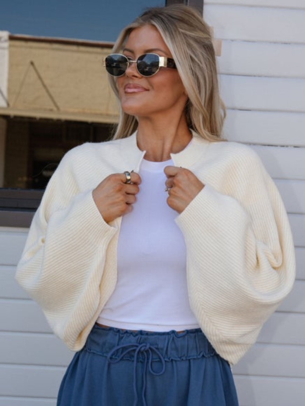 These Three Boutique Knit Drop Shoulder Cardigan Cream Small Trendy Festival